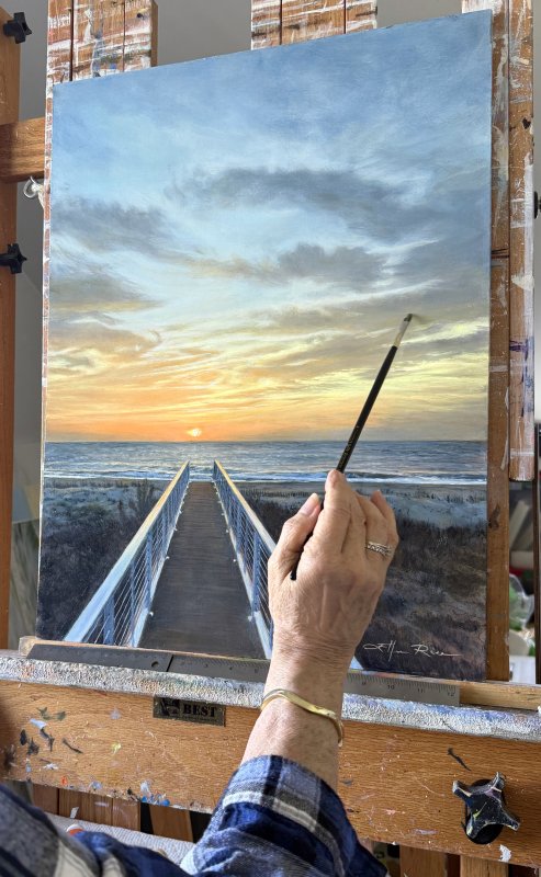 “The Call of the Morning Light” is a 24-by-18-inch oil on an Italian linen and wood panel that Ellen Rice is finishing for a private collector.